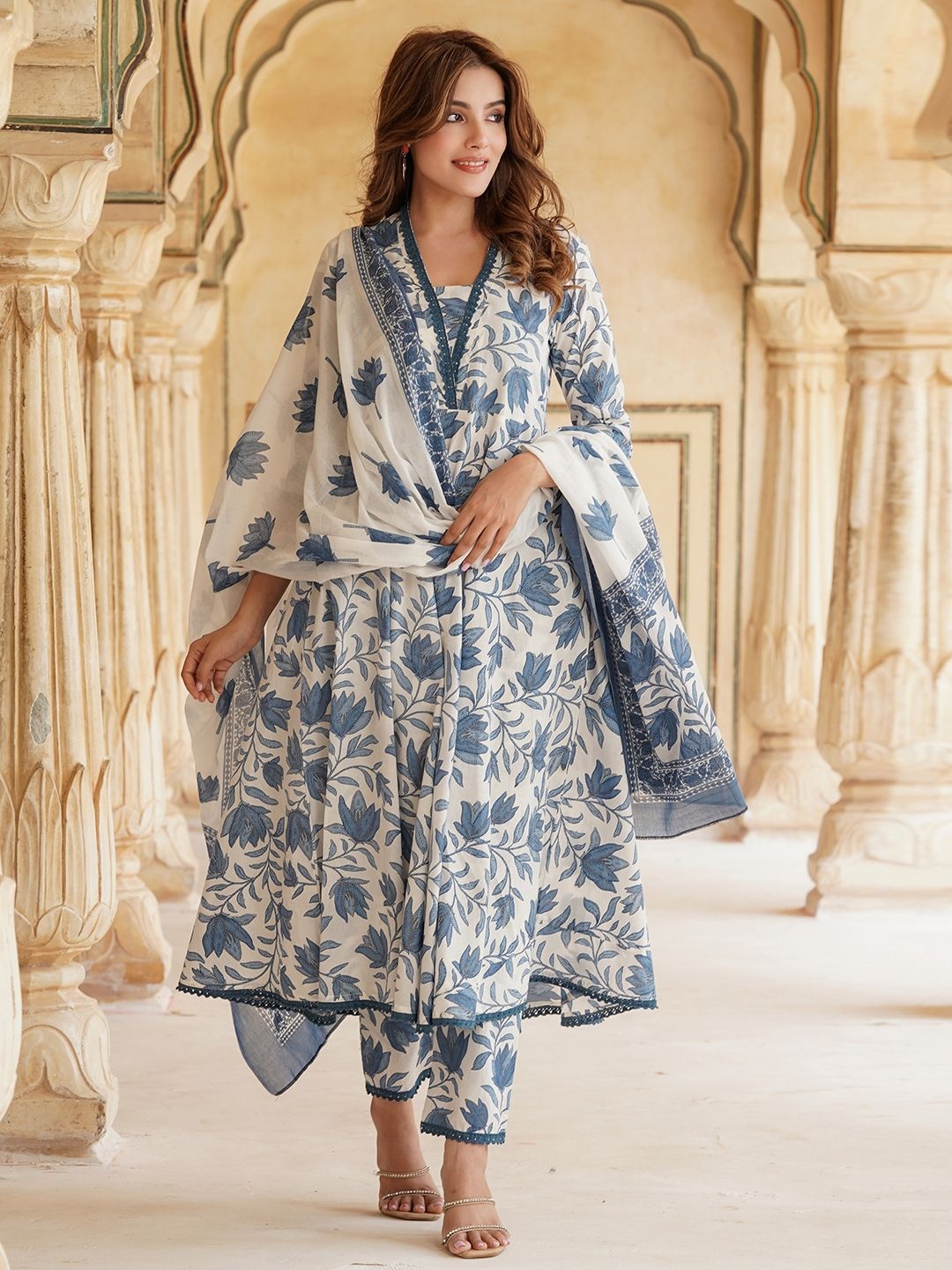 

Jaitpuriya Floral Printed V-Neck Pure Cotton Anarkali Kurta With Trousers And Dupatta, Blue