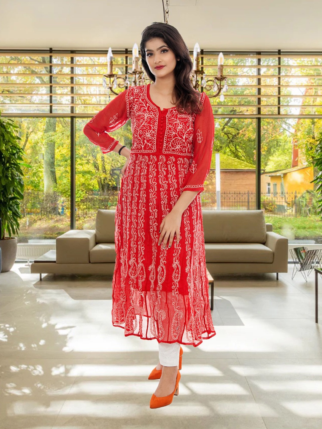 

ADR CHIKAN Lucknowi Chikankari Round Neck Georgette Anarkali Kurta, Red