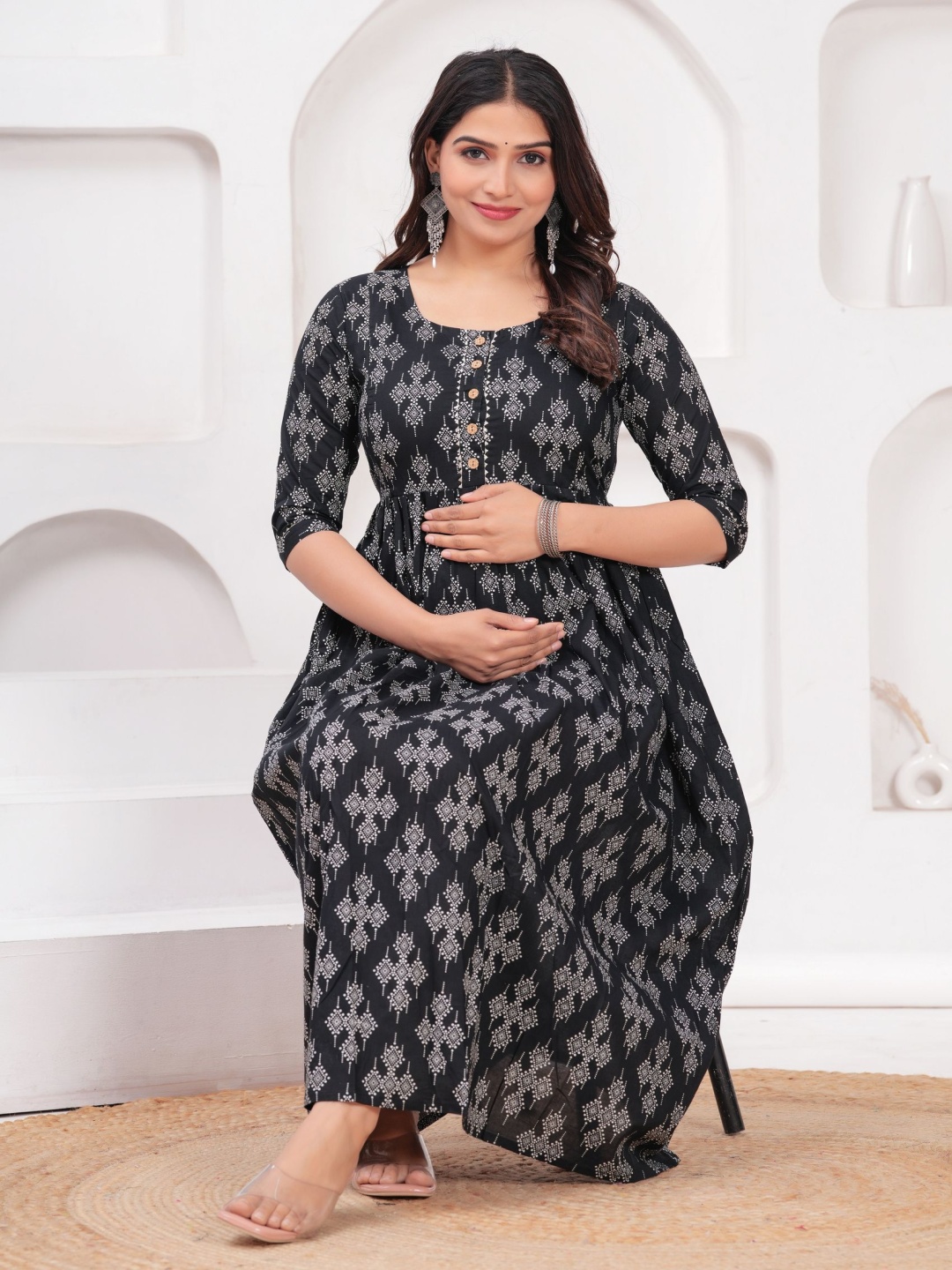 

NITVAN Ethnic Motifs Printed Gotta Patti Pure Cotton Maternity Anarkali Kurta, Black