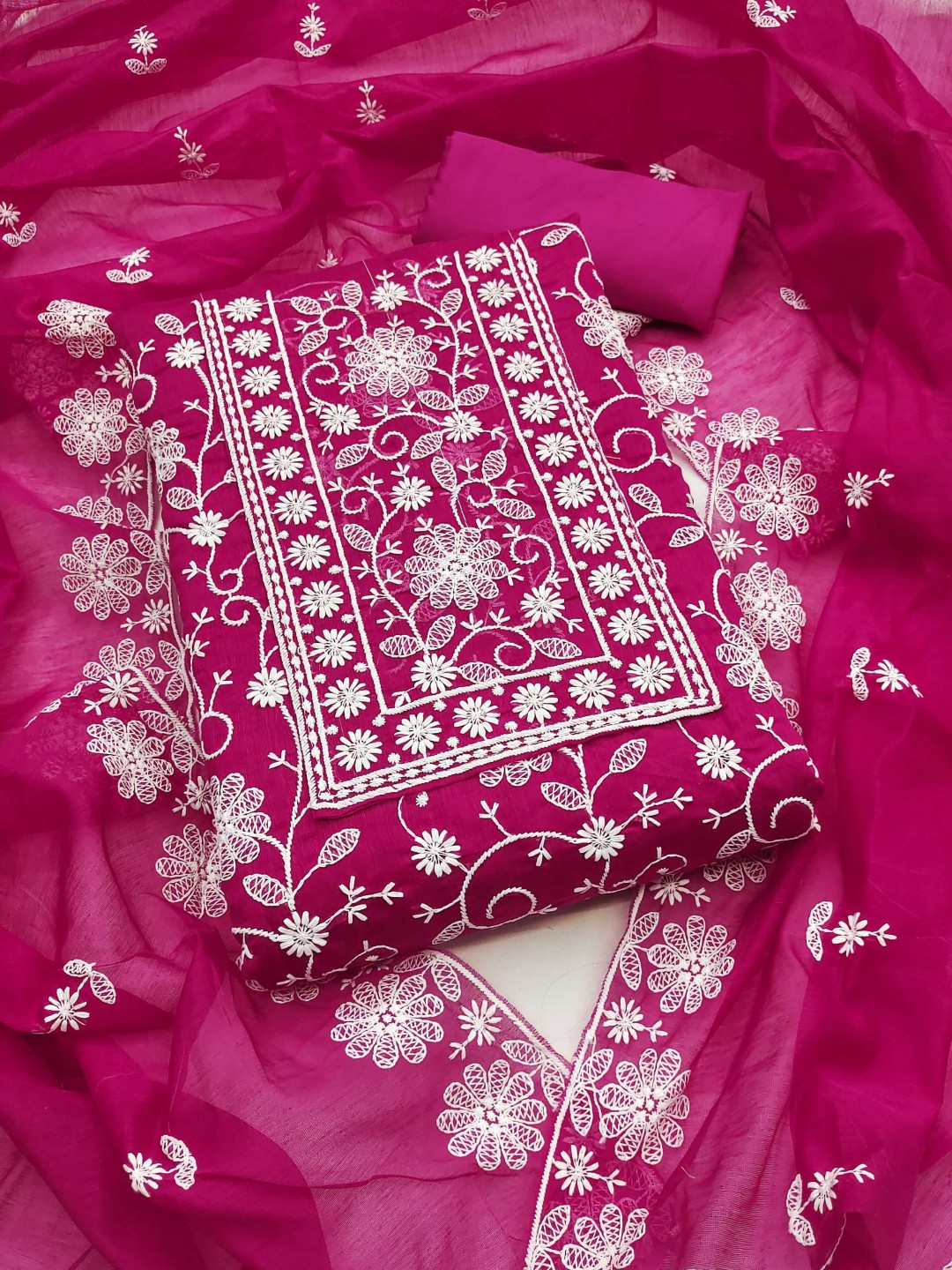 

Panzora Floral Embroidered Chanderi Silk Unstitched Dress Material, Pink