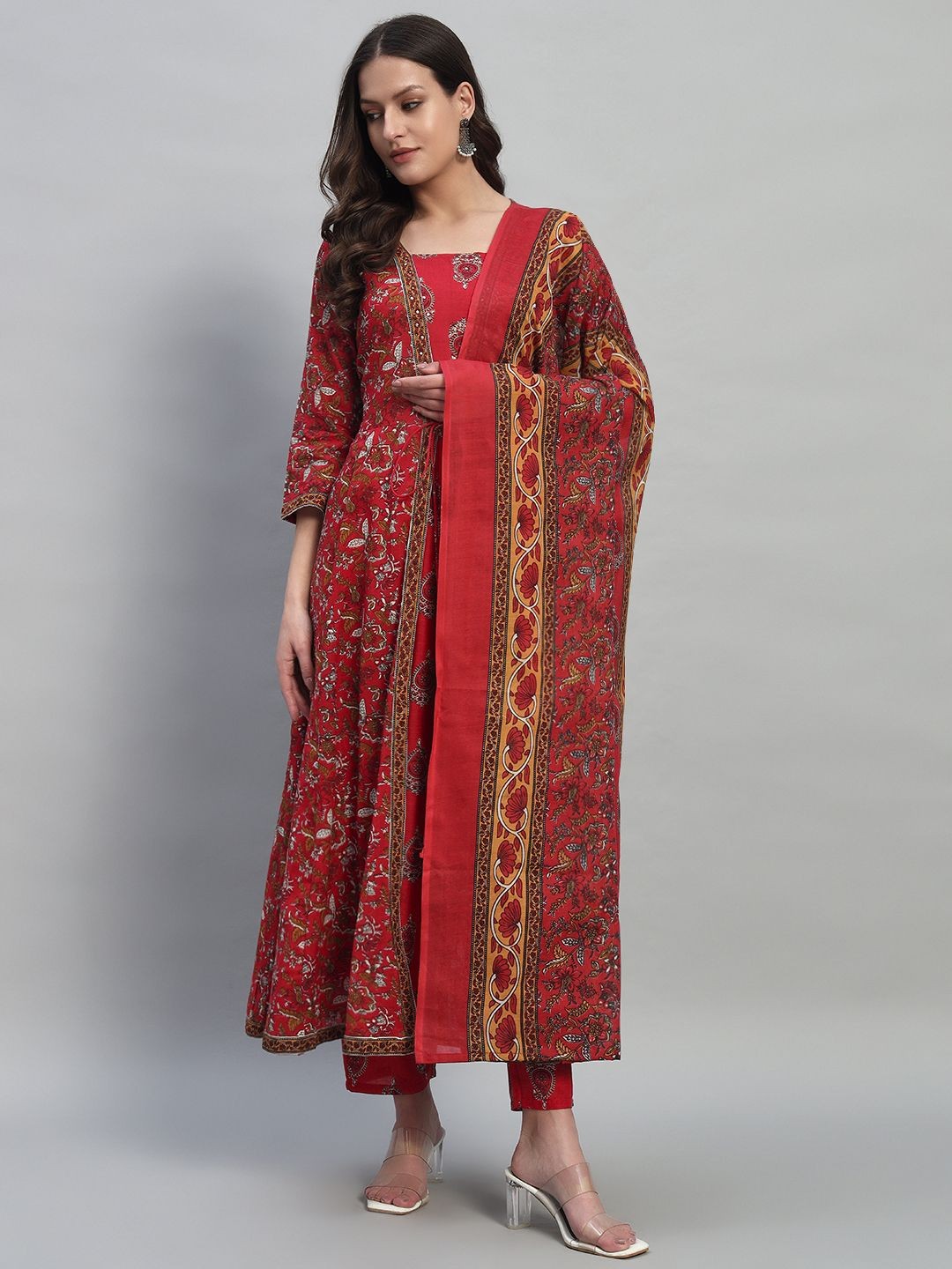 

PIDER Floral Printed Square-Neck Pure Cotton A-Line Kurta With Trousers And Dupatta, Red
