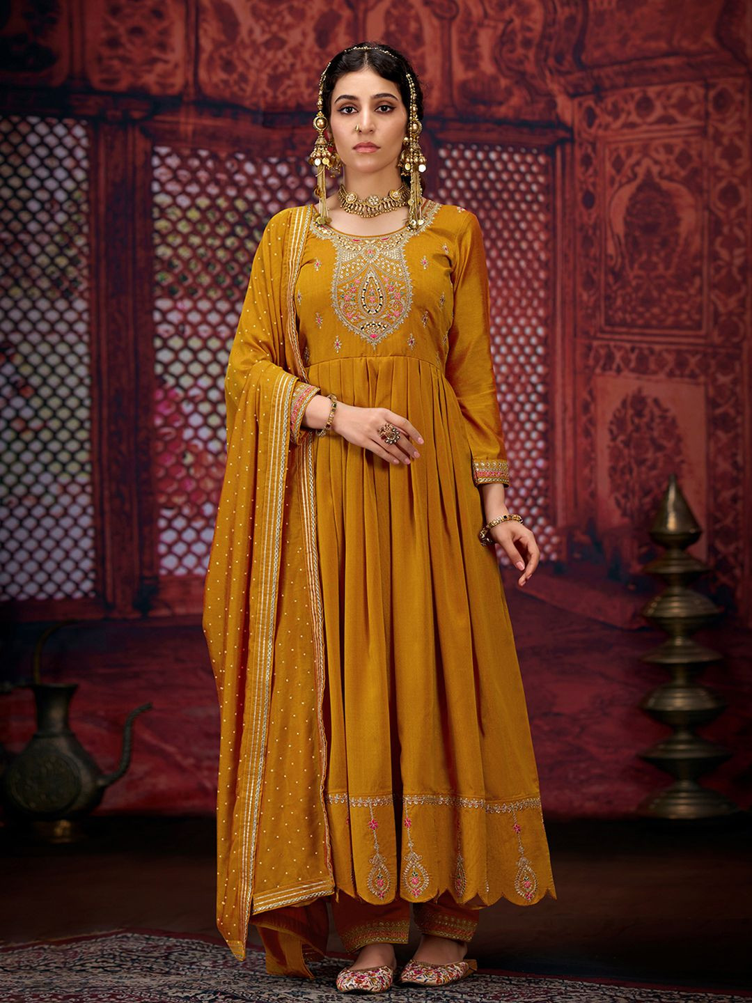 

Kvsfab Floral Zari Embroidered Anarkali Kurta With Trousers And Dupatta, Yellow