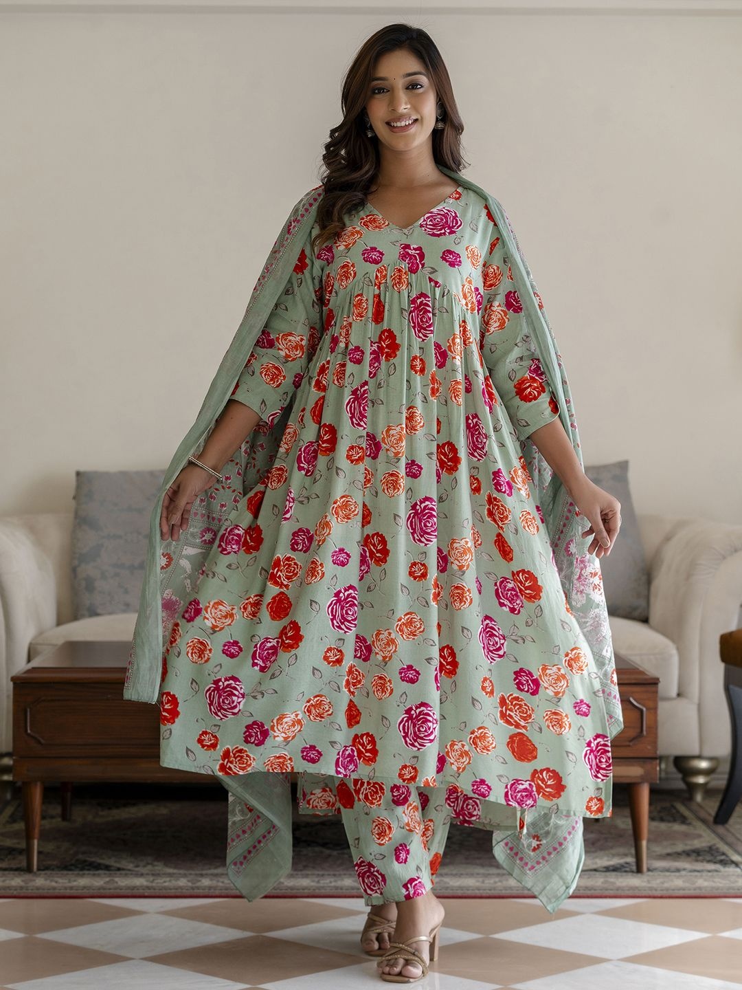 

ANNU PARIDHAN Floral Printed V-Neck Anarkali Kurta with Trousers And Dupatta, Blue