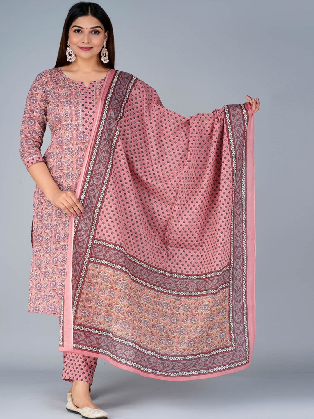 

CTMTEX Floral Printed Notch Neck Pure Cotton Straight Kurta With Trouser And Dupatta, Pink