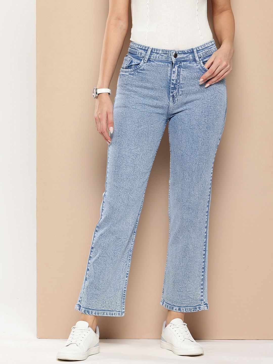 

AC CREATION Women Cotton Straight Fit Mid-Rise Heavy Fade Cropped Jeans, Blue