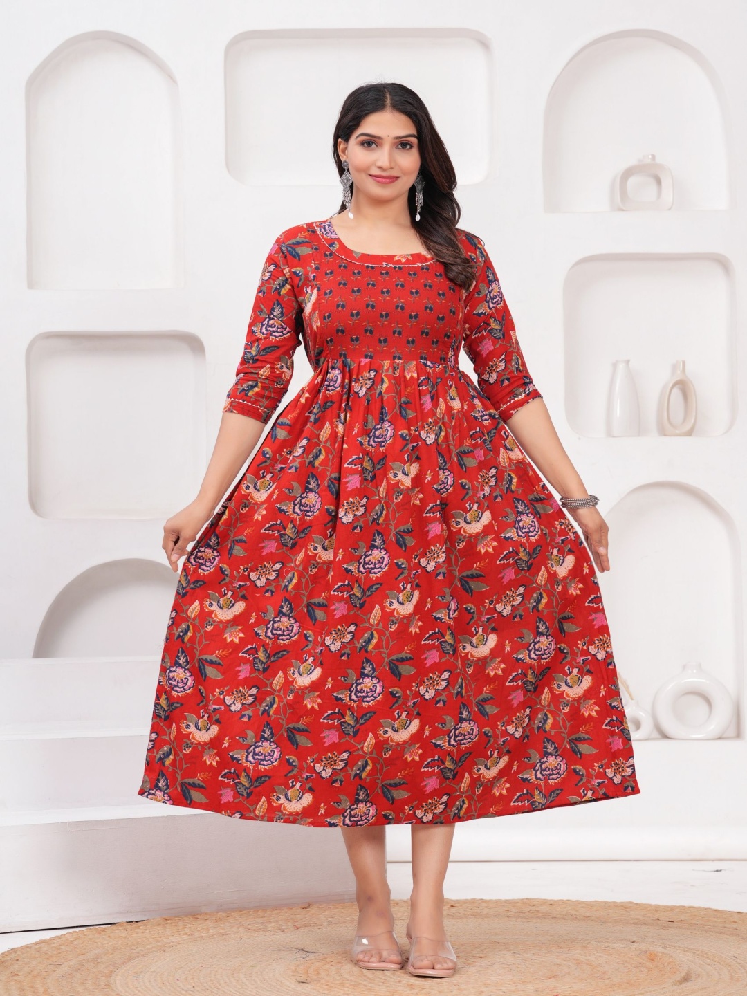 

NITVAN Floral Printed Gotta Patti Pure Cotton Maternity Anarkali Kurta, Red