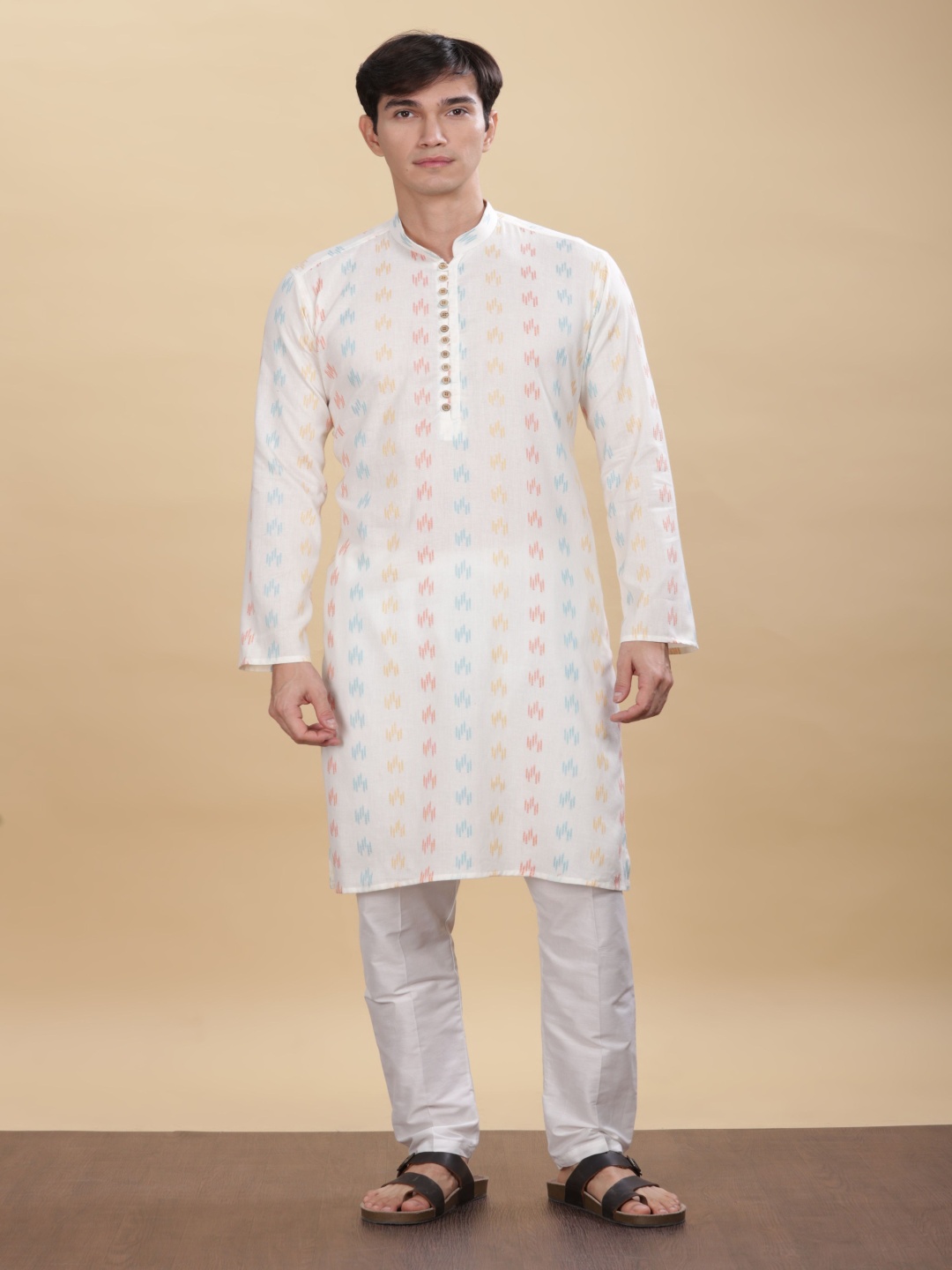 

Anouk White Ethnic Motifs Woven Design Mandarin Collar Cotton Straight Kurta