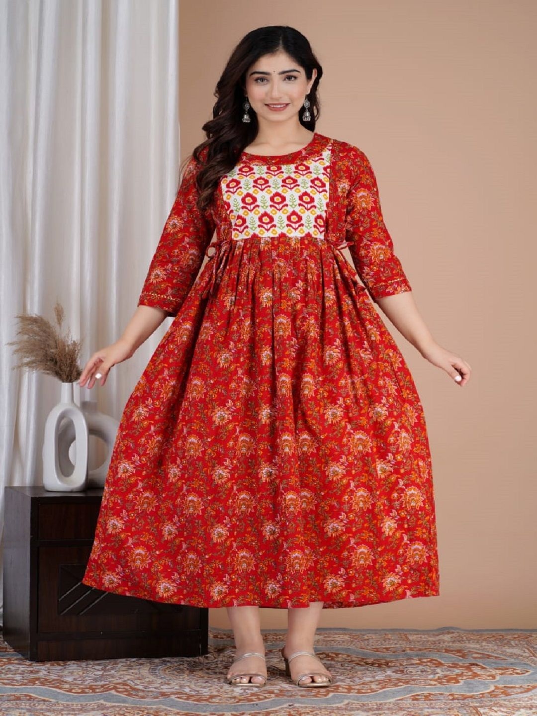 

Nevisha Style Floral Printed Pleated Gotta Patti Maternity Pure Cotton Anarkali Kurtas, Red