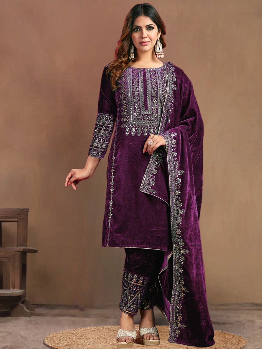 

KALINI Floral Embroidered Sequinned Velvet Straight Kurta With Pyjama & Dupatta, Purple