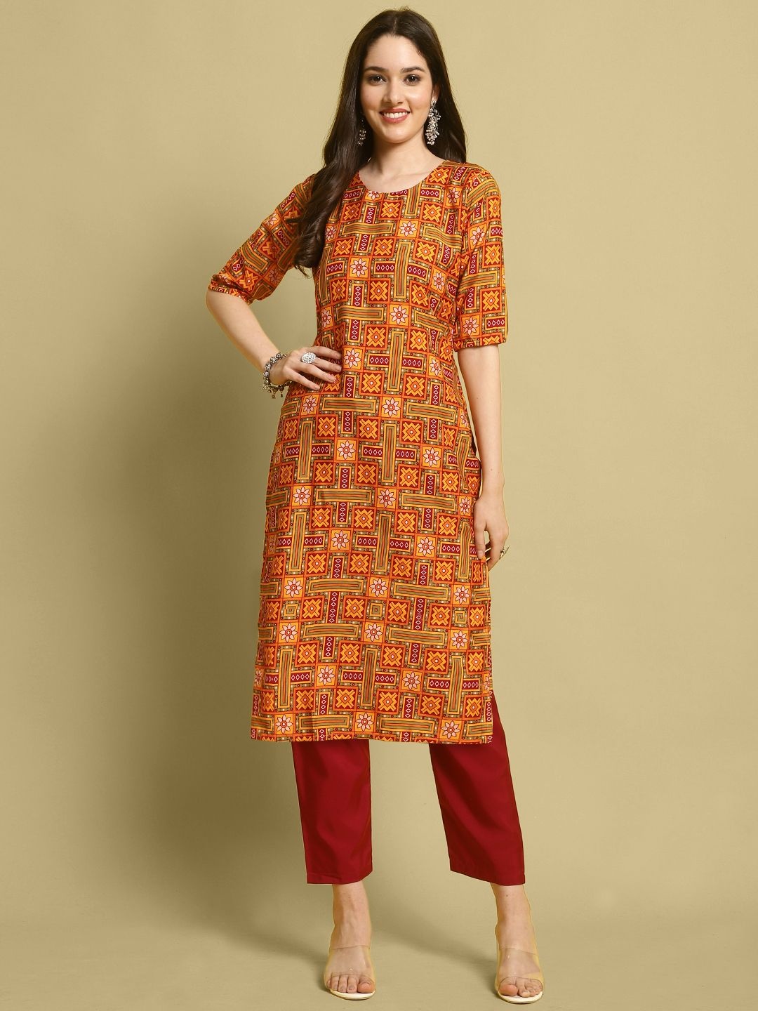 

7Threads Ethic Motifs Printed Round Neck Straight Kurta with Trouser, Orange