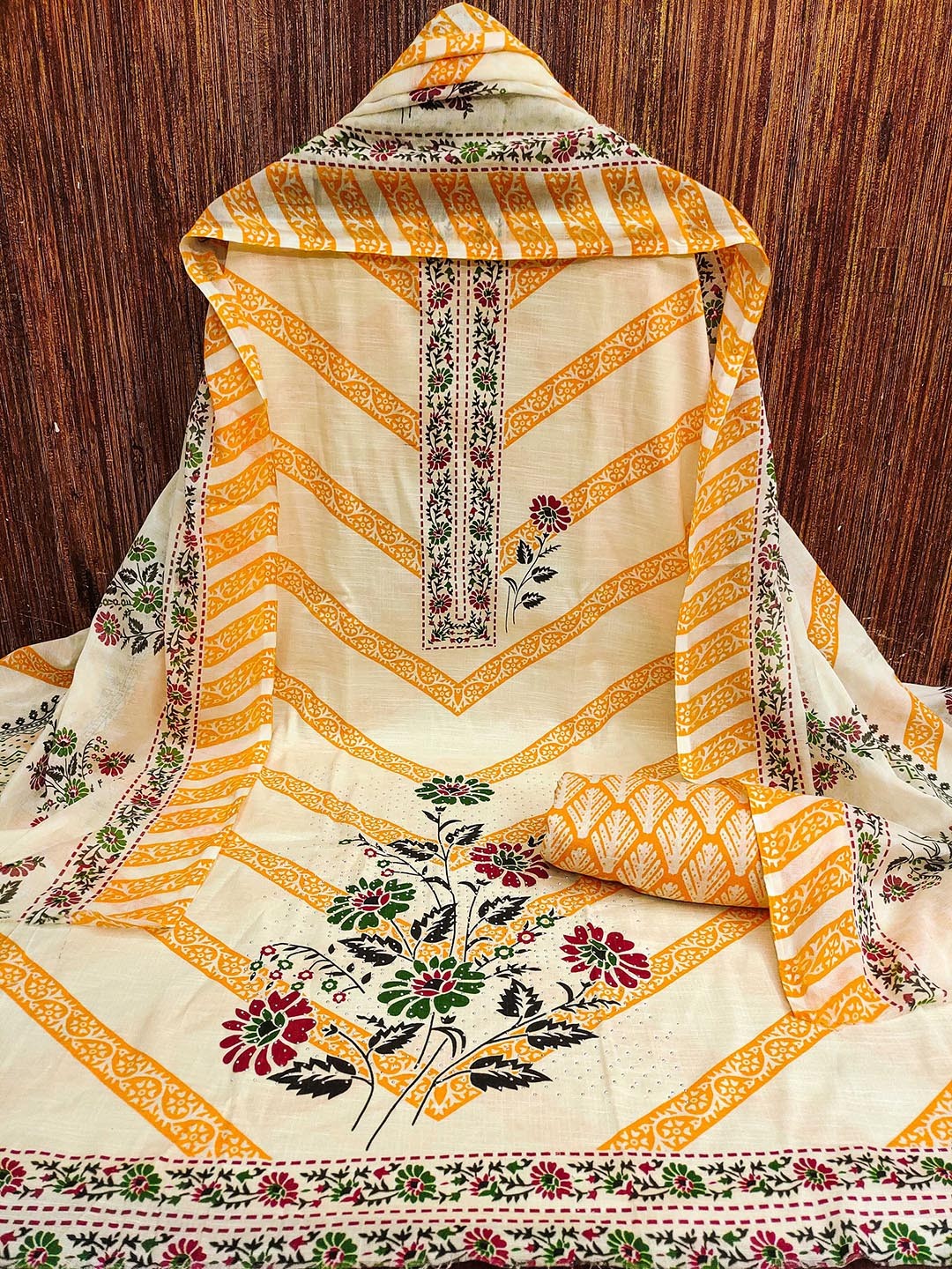 

KALINI Floral Printed Unstitched Dress Material, Beige