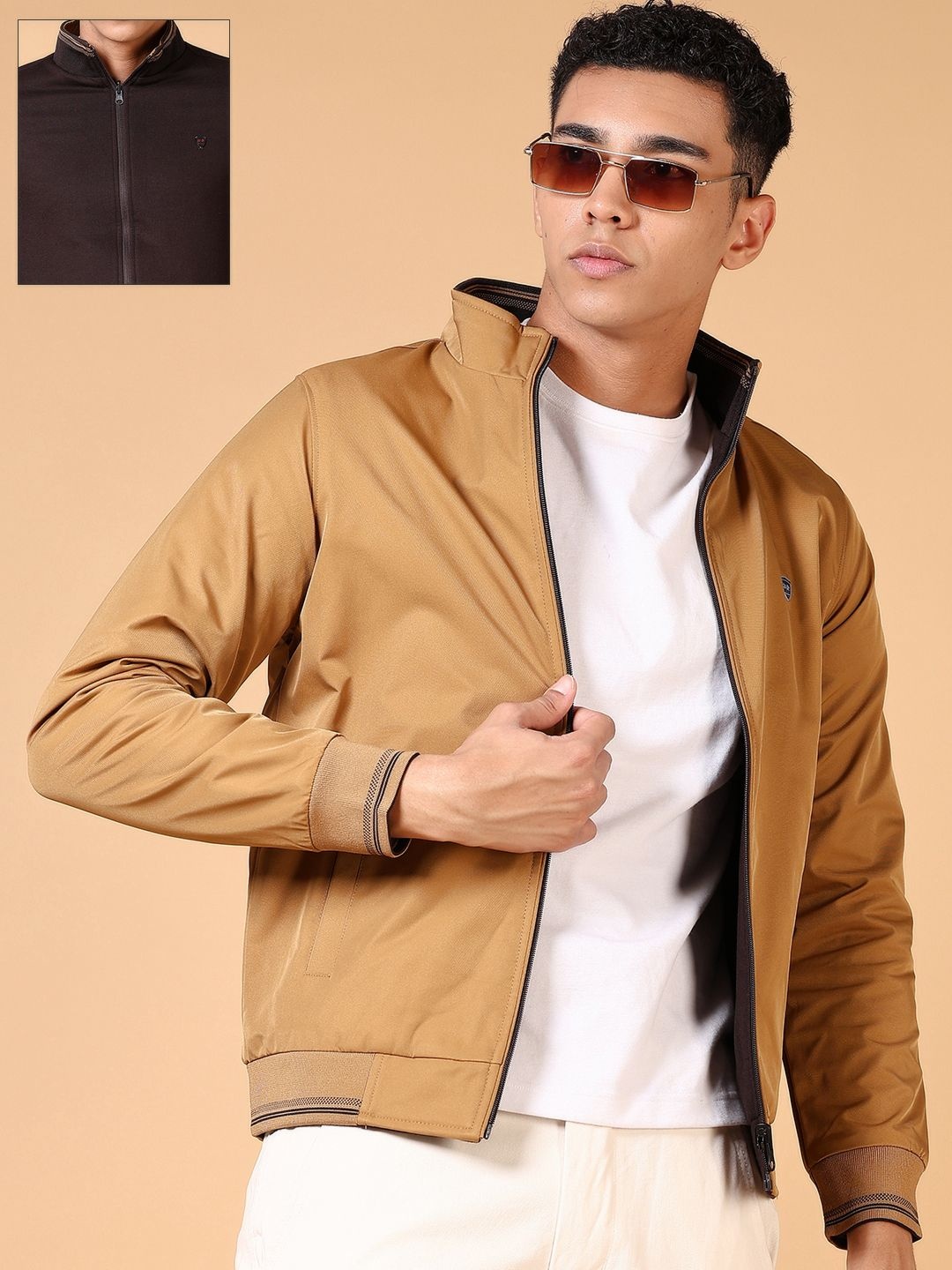 

V-Mart Men Mock Collar Solid Cotton Casual Bomber Reversible Jacket, Khaki