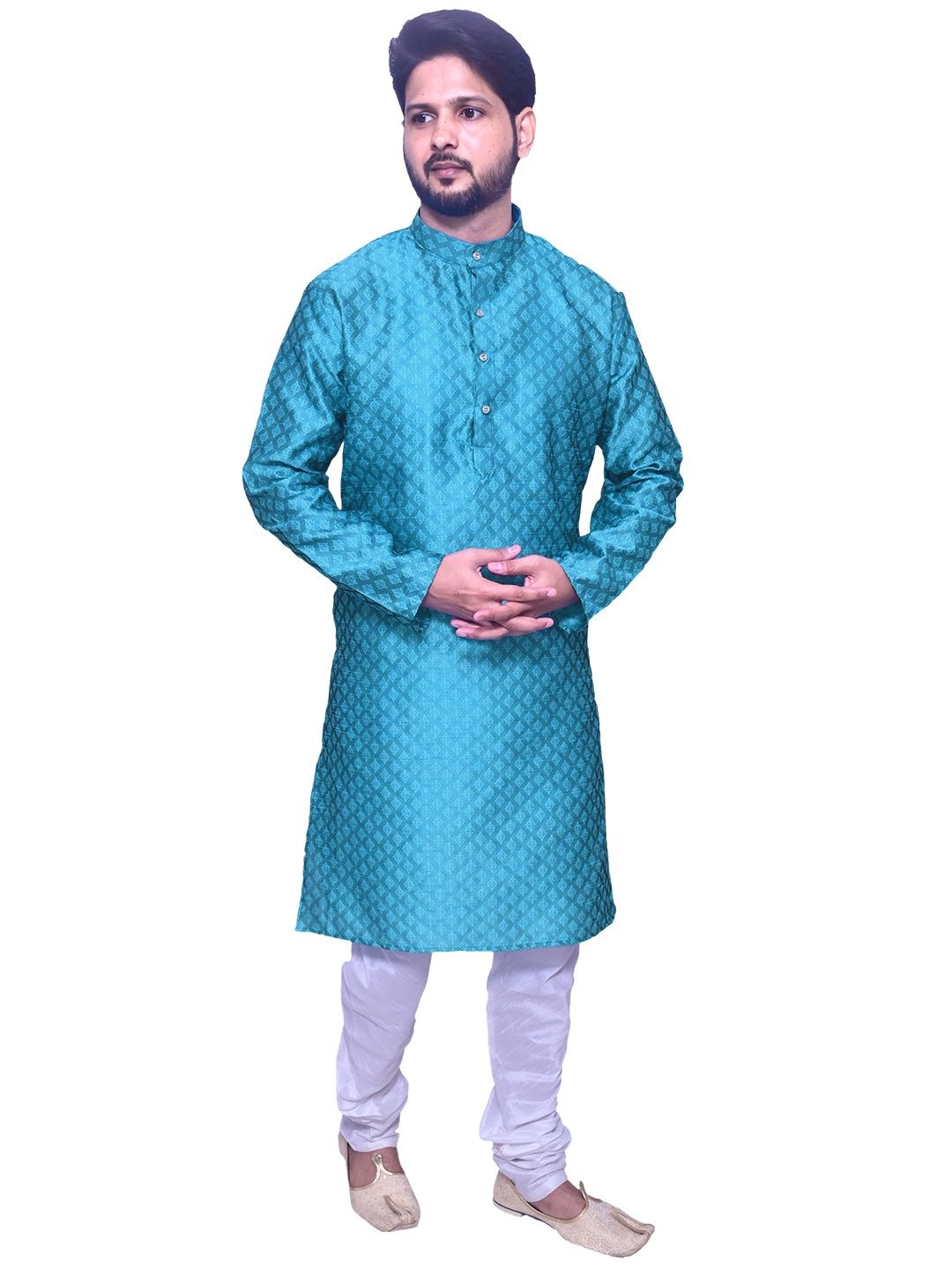 

Om Shubh Mangalam Ethnic Motifs Printed With Mandarin Collar Straight Kurta With Churidar, Blue