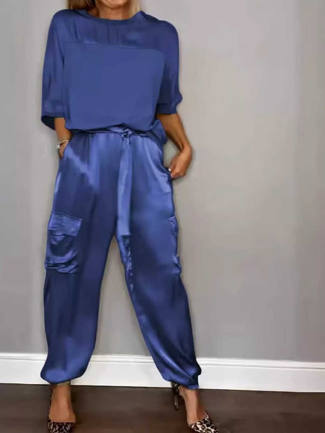 

KPOP Round Neck Top With Trousers, Navy blue