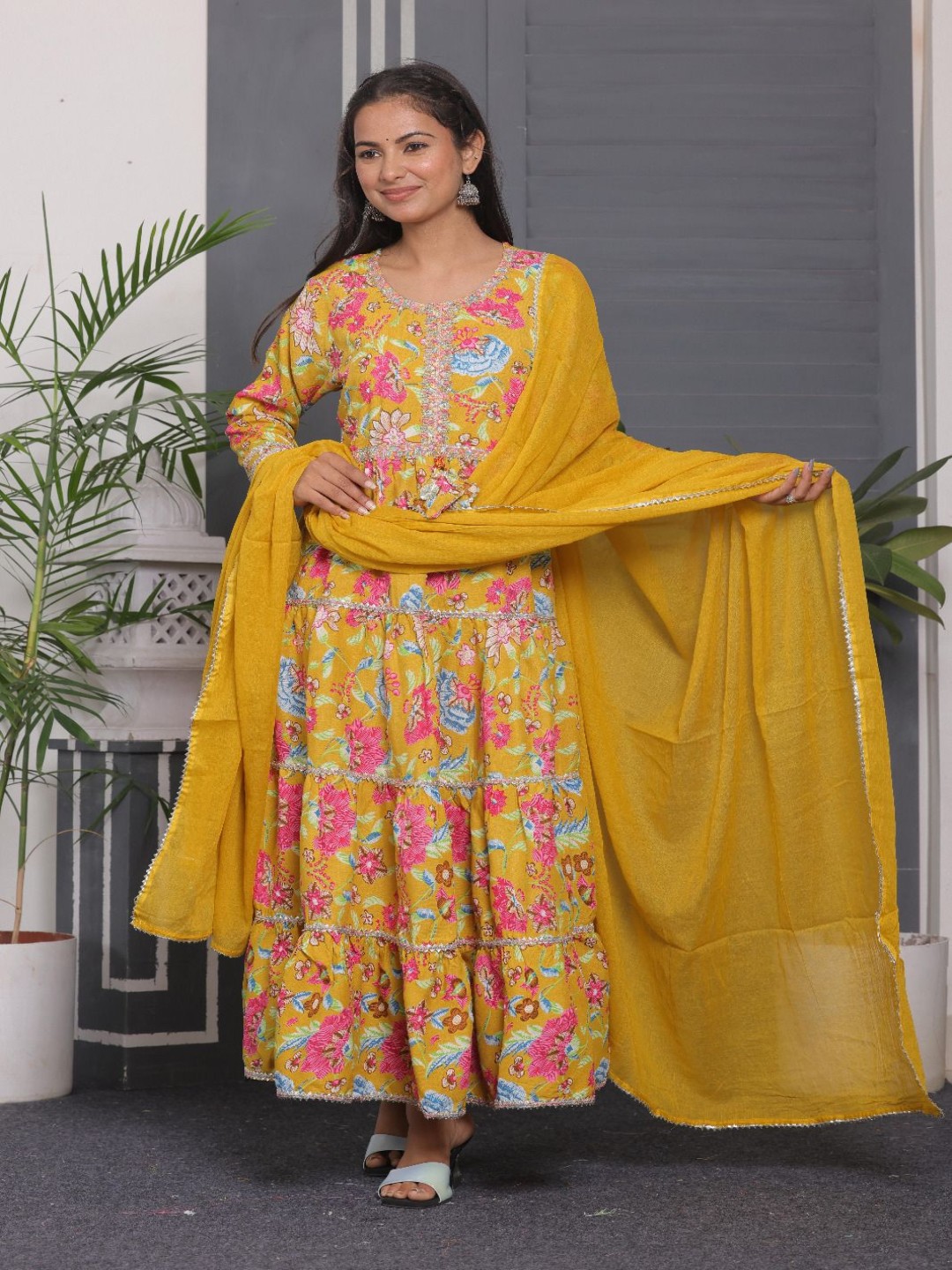

KALINI Floral Printed Tiered Gotta Patti Anarkali Kurta With Trousers And Dupatta, Yellow