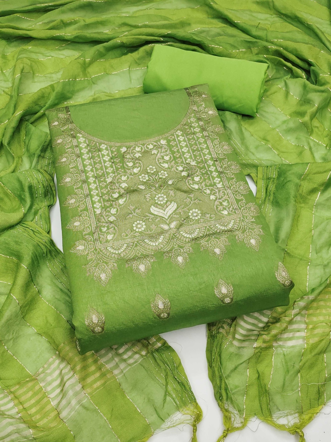 

Panzora Ethnic Motifs Woven Design Dola Silk Unstitched Dress Material, Green