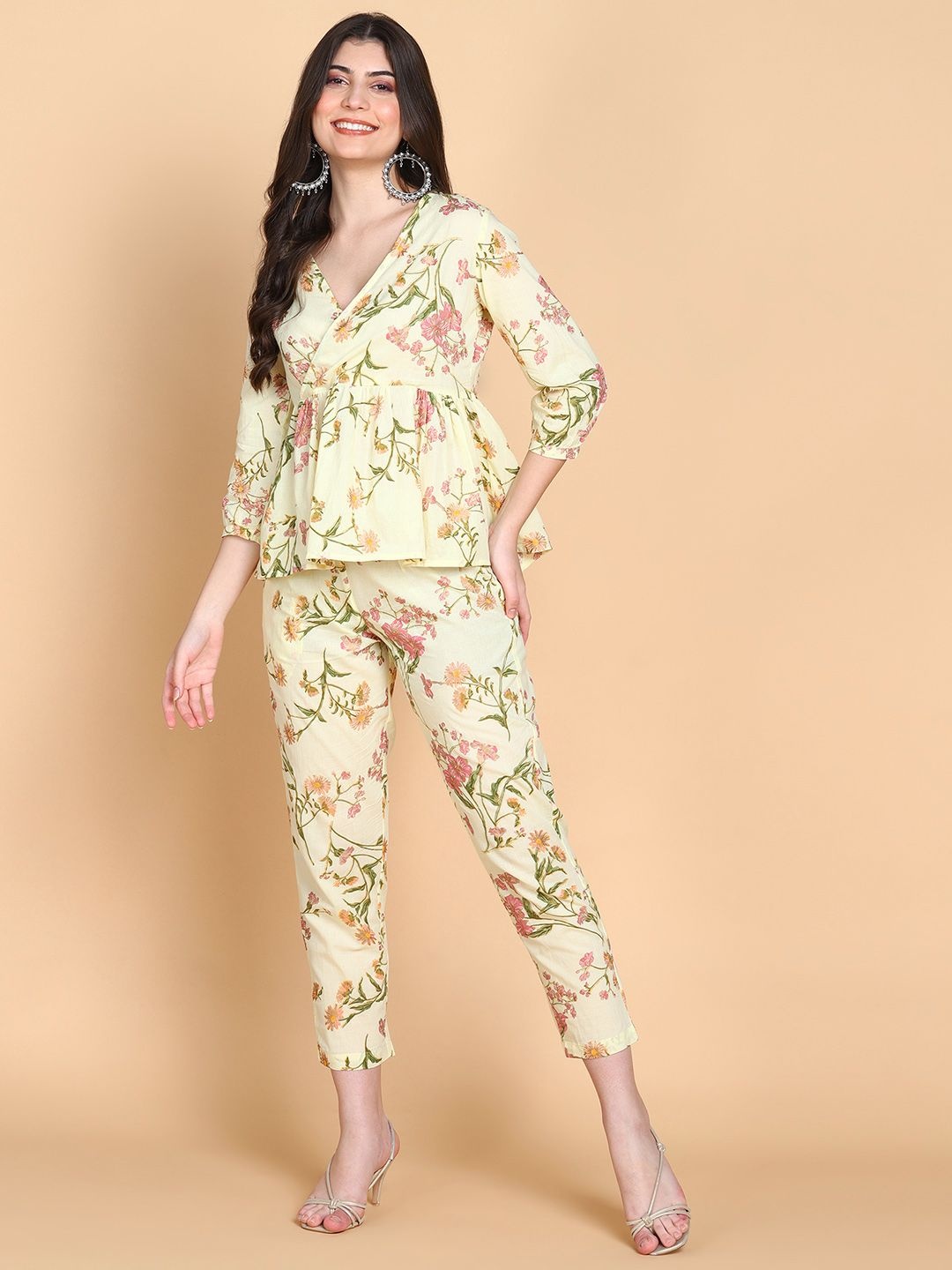 

HERE&NOW Printed V-Neck Three-Quarter Sleeves Pure Cotton Top & Trouser, Yellow
