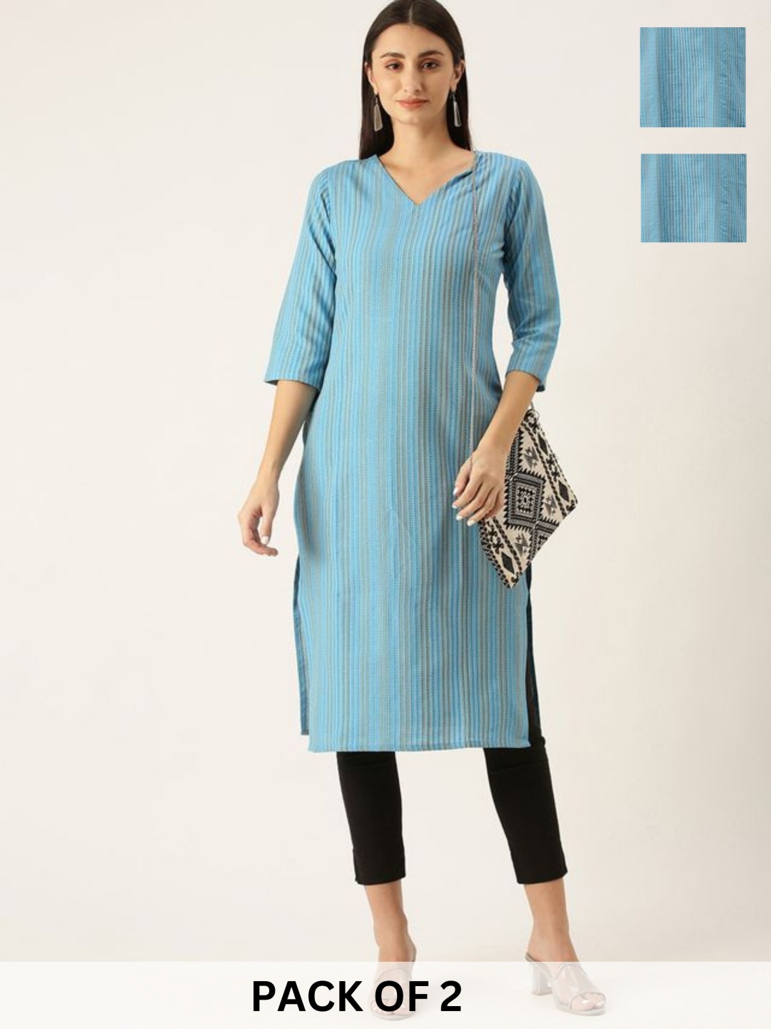 

KALINI Selection Of 2 Striped V-Neck Straight Kurtas, Blue