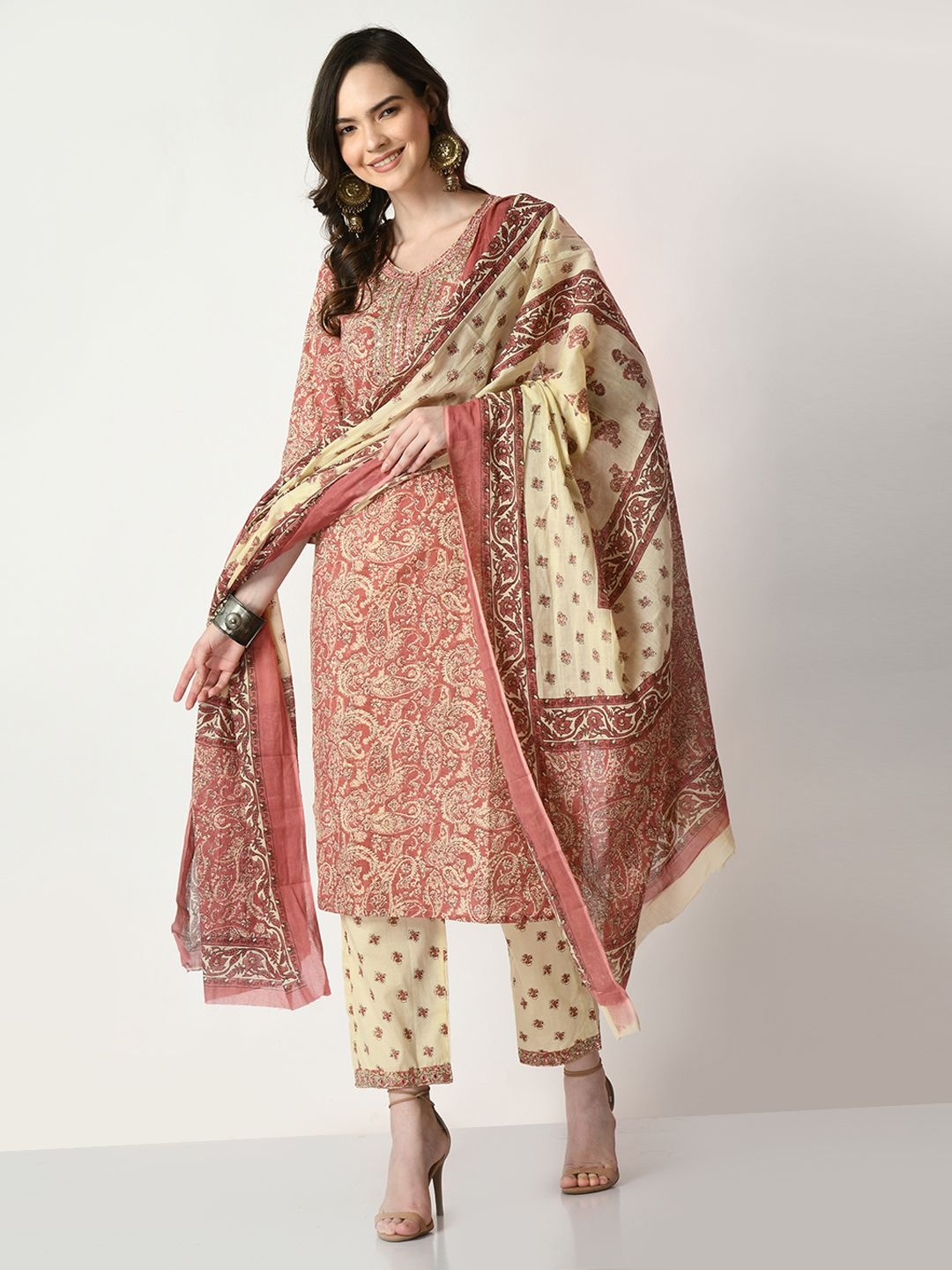 

SHOOLIN Ethnic Motifs Printed Mirror Work Pure Cotton Kurta With Trousers & Dupatta, Brown