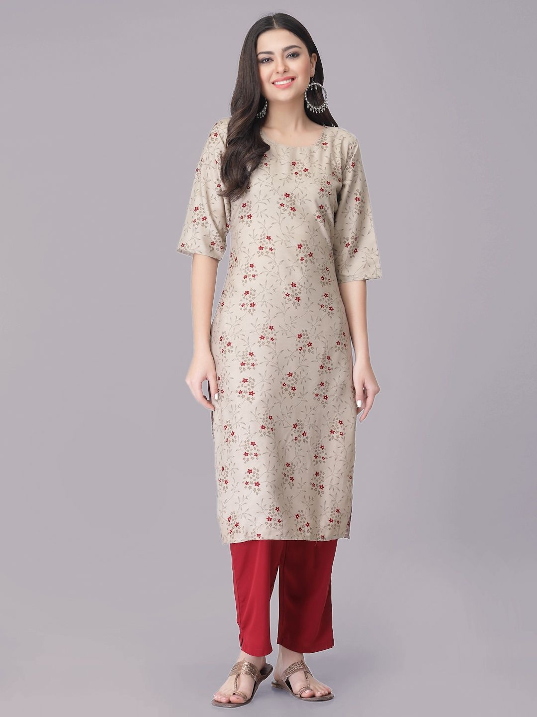

7Threads Floral Printed Round Neck Straight Kurta With Trousers, Beige