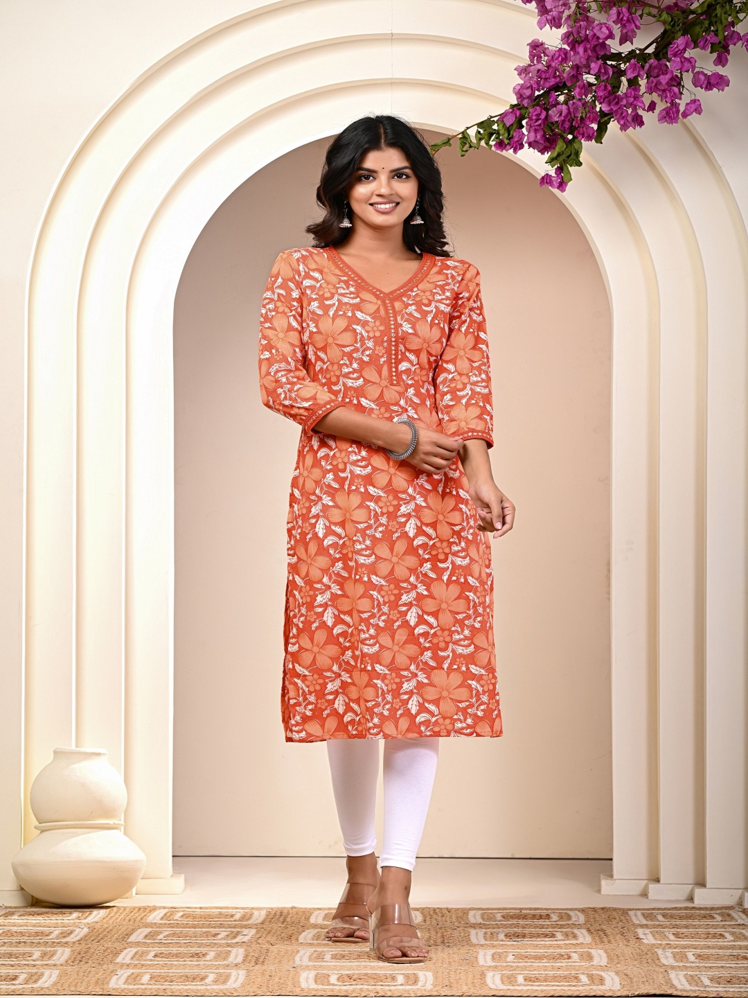 

KANNAHI Floral Printed Mirror Work V-Neck Straight Pure Cotton Kurta, Orange