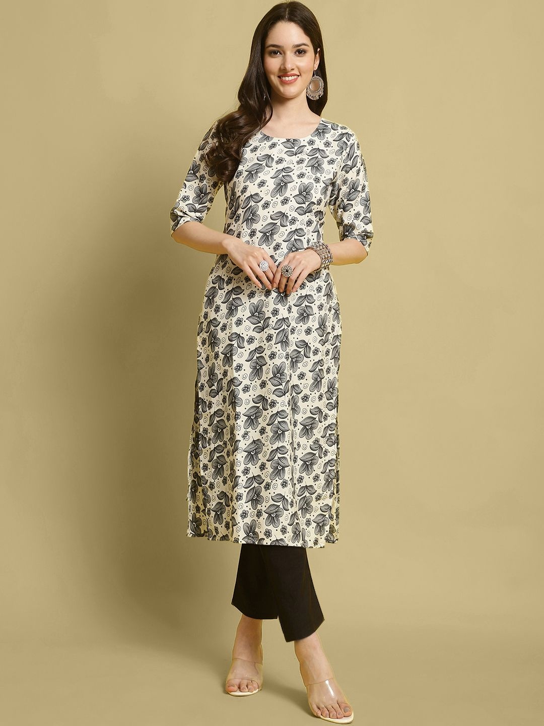 

7Threads Floral Printed Round Neck Kurta With Trousers, Grey