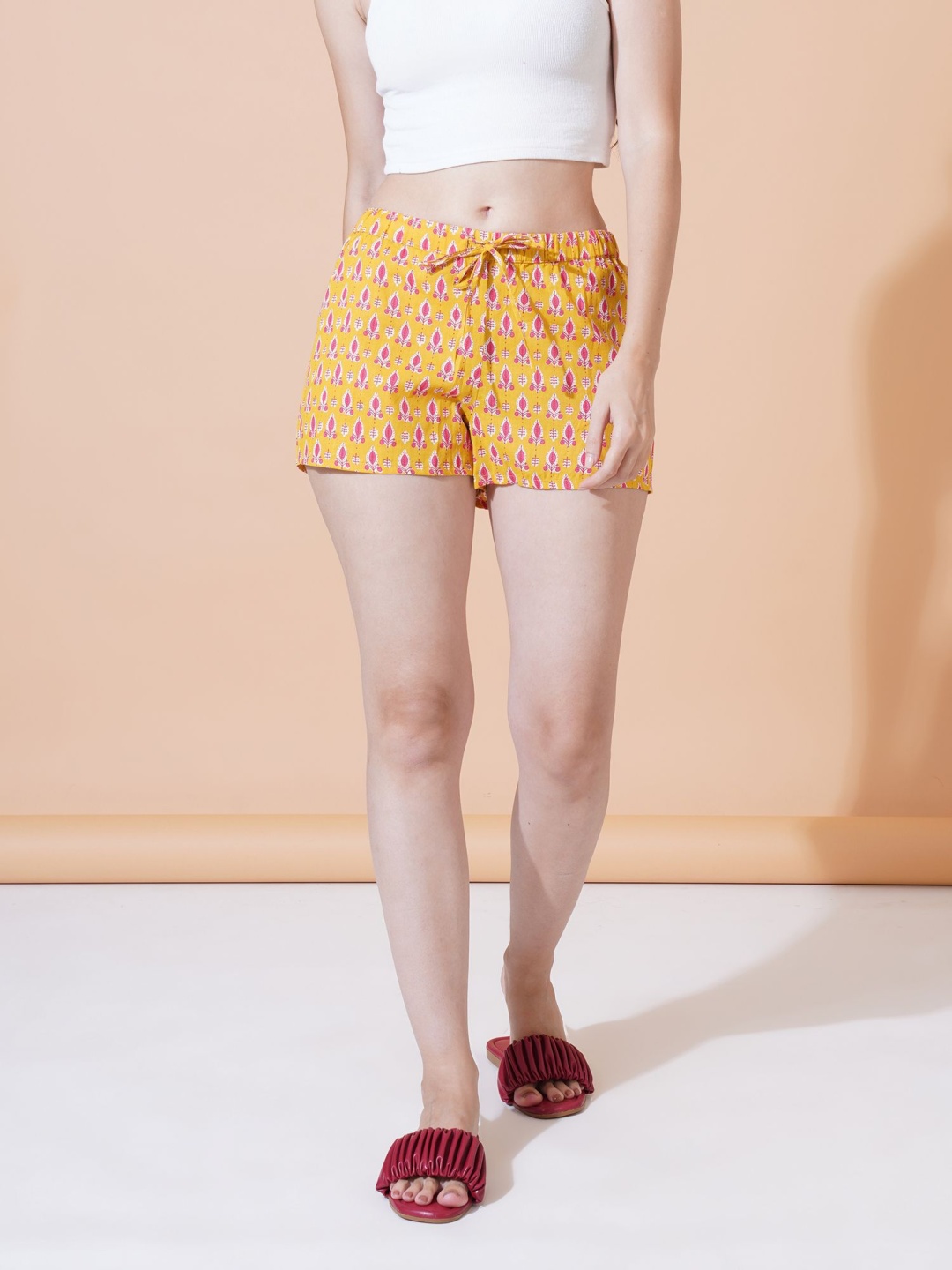 

HERE&NOW Women Printed Mid-Rise Cotton Shorts, Mustard