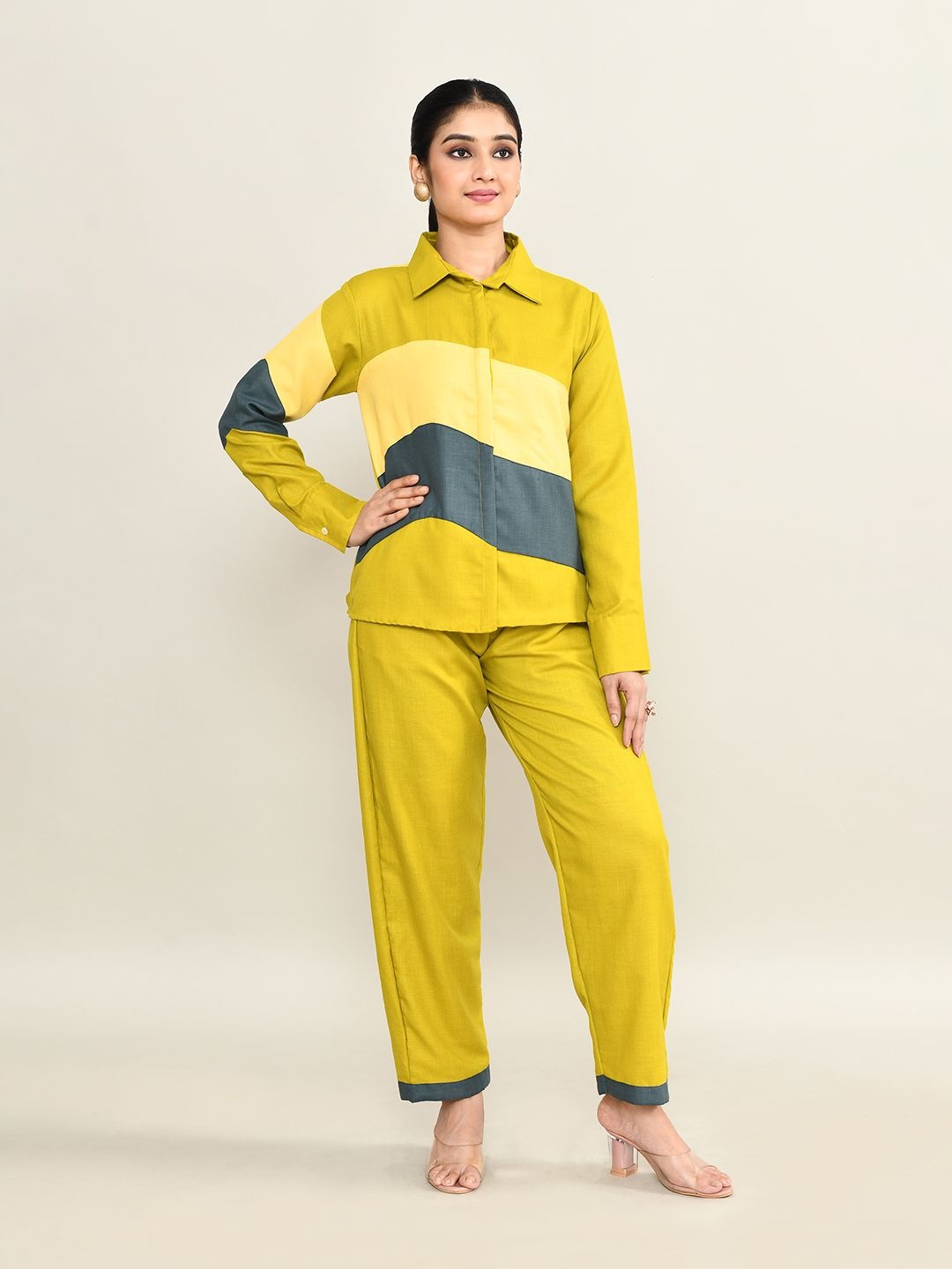 

The Maple Colourblocked Pure Cotton Shirt With Trouser, Lime green