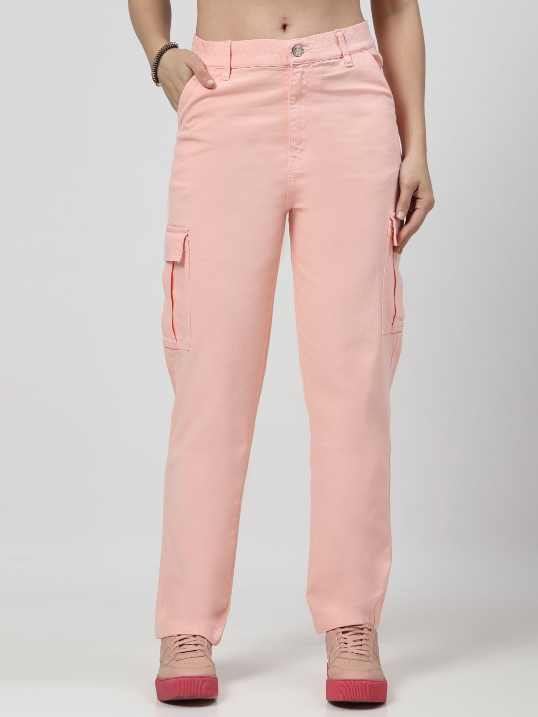 

COSMIC TRIO Women Relaxed Straight Leg Loose Fit Cargos Trousers, Peach