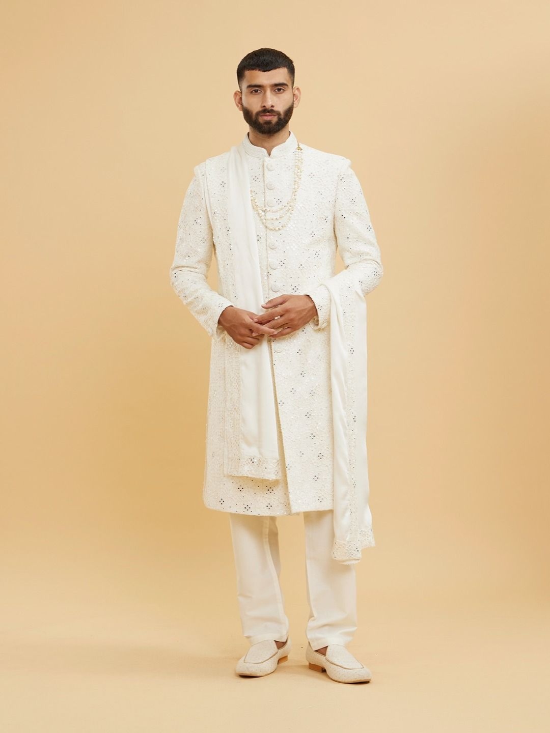 

Twamev Men Thread Embroidery Mirror Work Sherwani Set With Dupatta, Cream