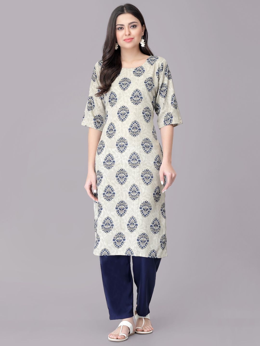 

7Threads Ethnic Motifs Printed Round Neck Straight Kurta With Trousers, Beige