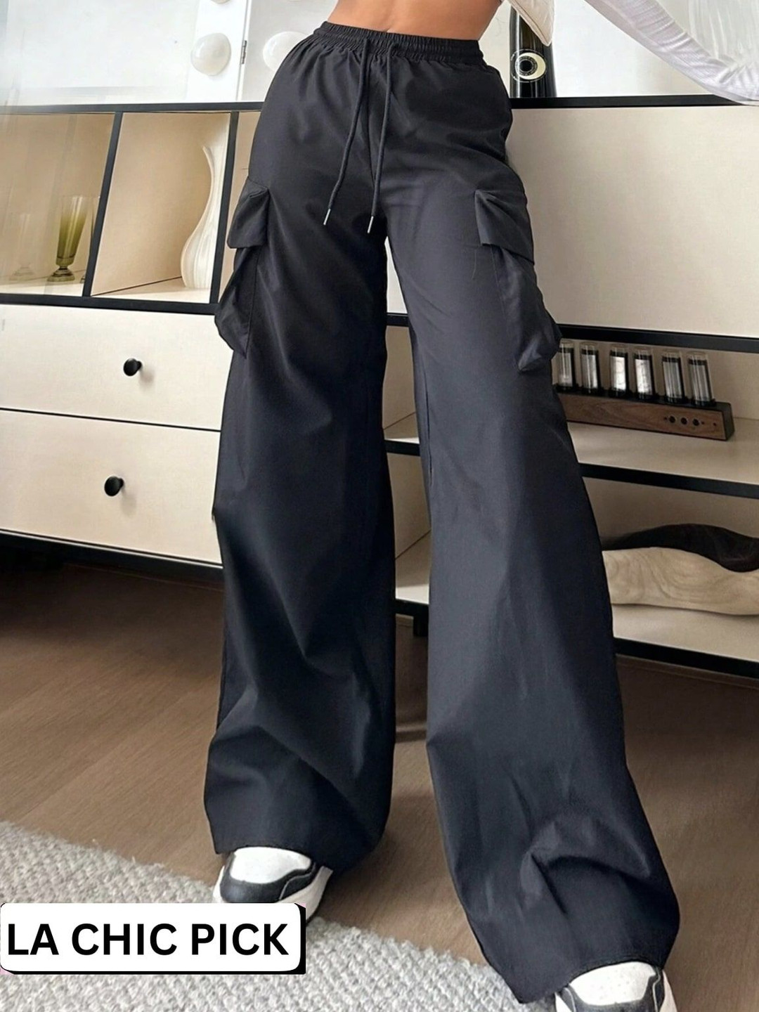 

LA CHIC PICK Women Straight Fit High-Rise Cargos Trousers, Black