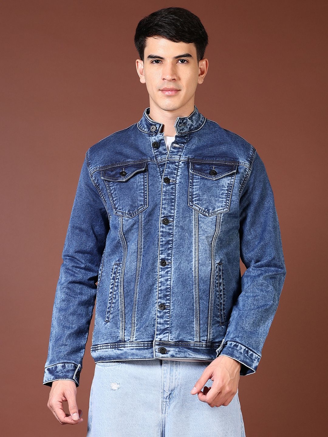 

V-Mart Men Mandarin Collar Washed Solid Casual Denim Jacket, Blue