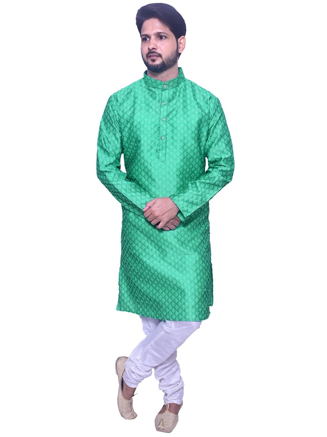 

Om Shubh Mangalam Geometric Printed Mandarin Collar Jacquard Straight Kurta With Churidar, Green
