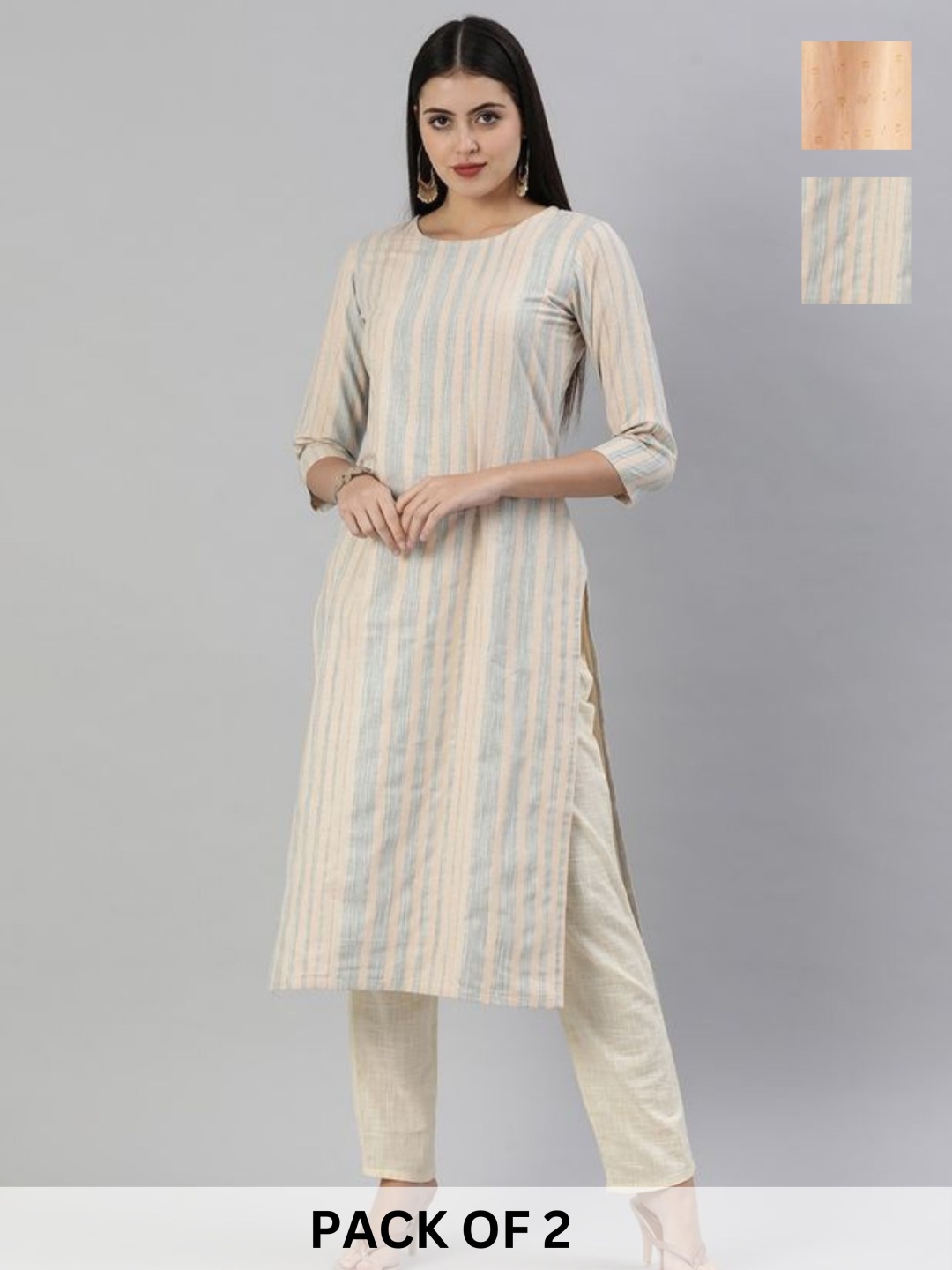 

KALINI Selection Of 2 Striped Printed Woven Design Round Neck Straight Kurtas, Cream