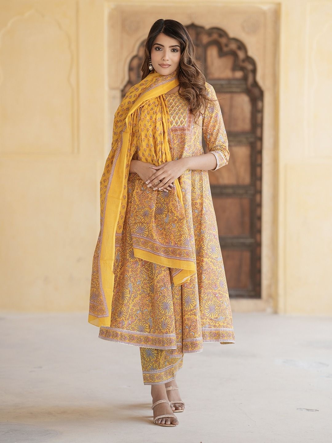 

Jaitpuriya Floral Printed Gotta Patti Pure Cotton Anarkali Kurta With Trousers And Dupatta, Mustard