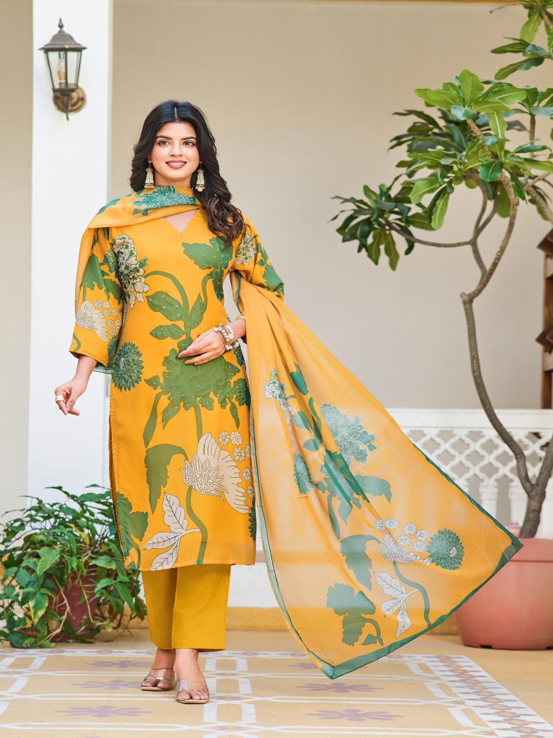 

THE52 Floral Printed V-Neck Organza Silk Straight Kurta With Trousers & Dupatta, Yellow