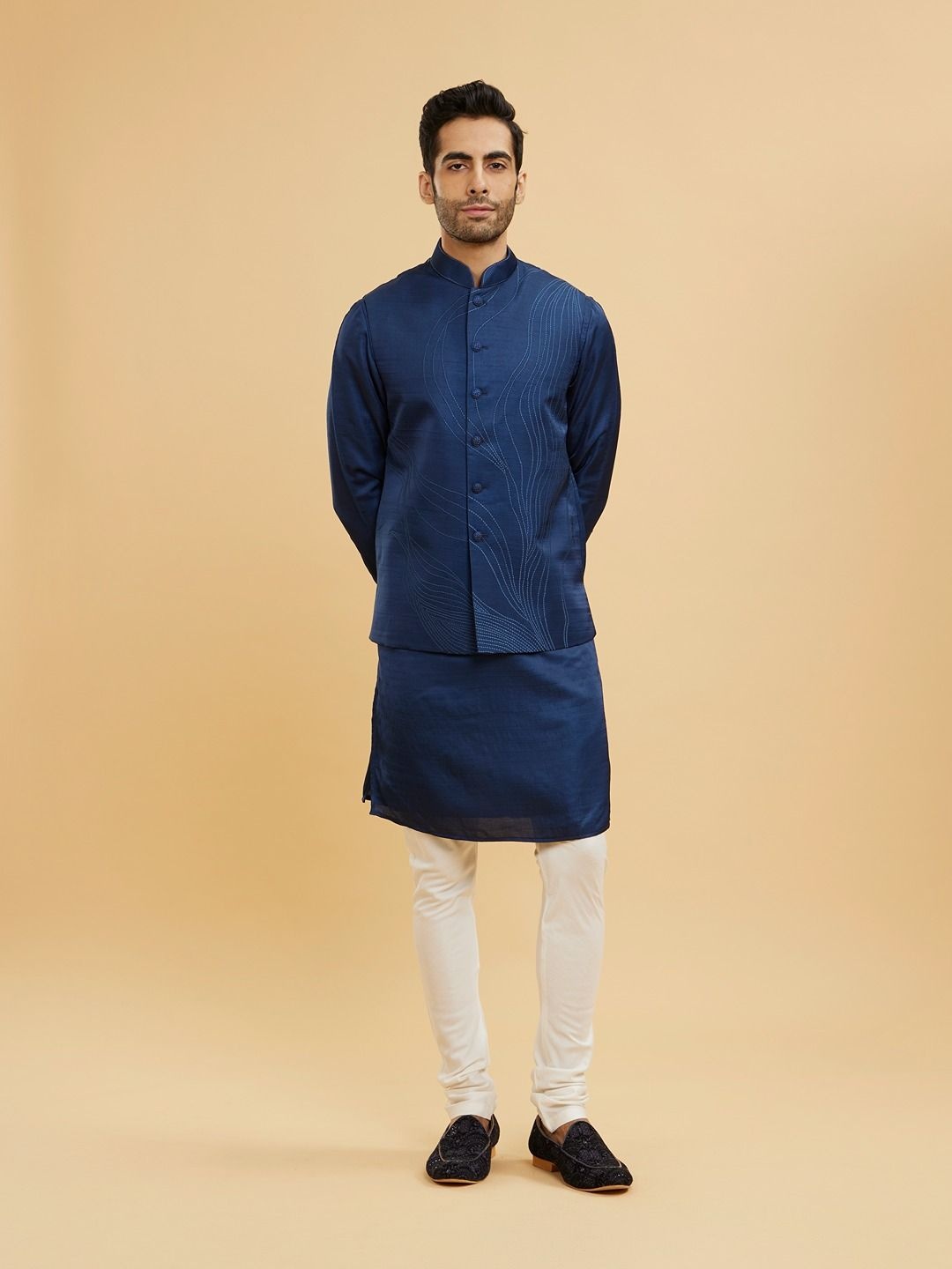 

Twamev Mandarin Collar Thread Work Satin Straight Kurta With Churidar & Nehru Jacket, Blue