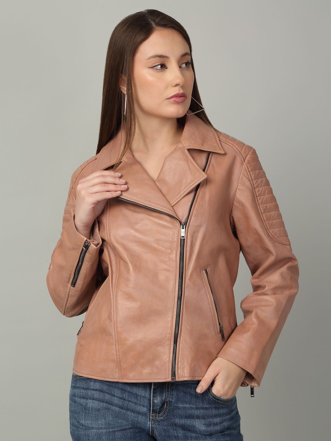 

Teakwood Leathers Women Lapel Collar Solid Leather Casual Leather Lightweight Jacket, Rose