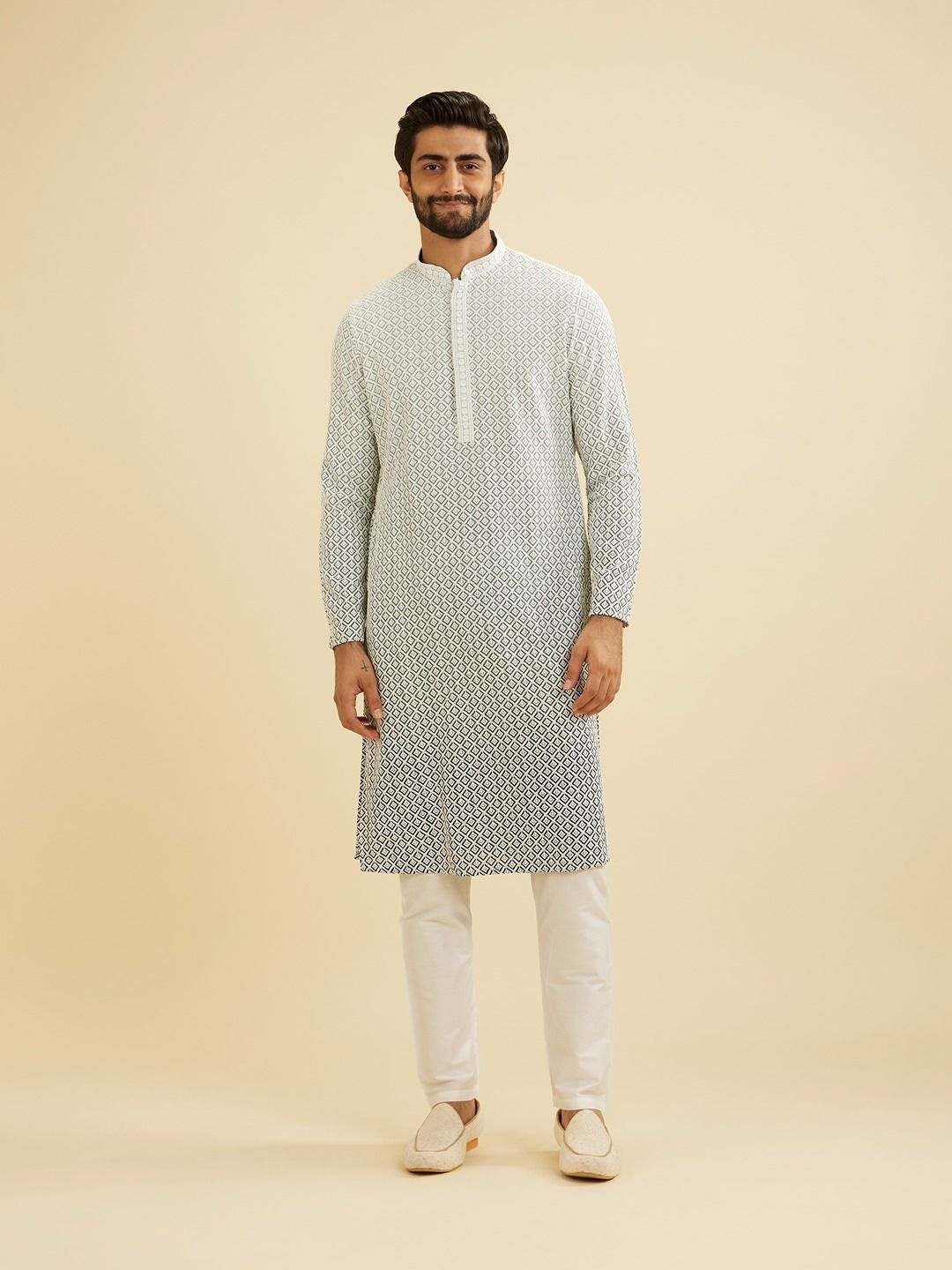 

Manyavar Ethnic Motifs Embroidered Mandarin Collar Kurta With Pyjamas, Grey