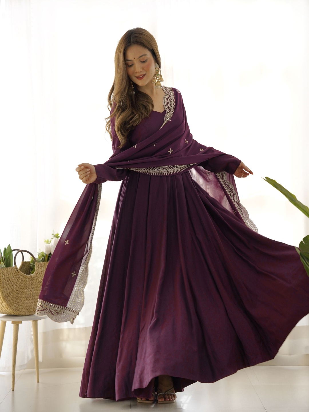 

KALINI Chanderi Silk Anarkali Kurta With Pyjamas And Dupatta, Purple