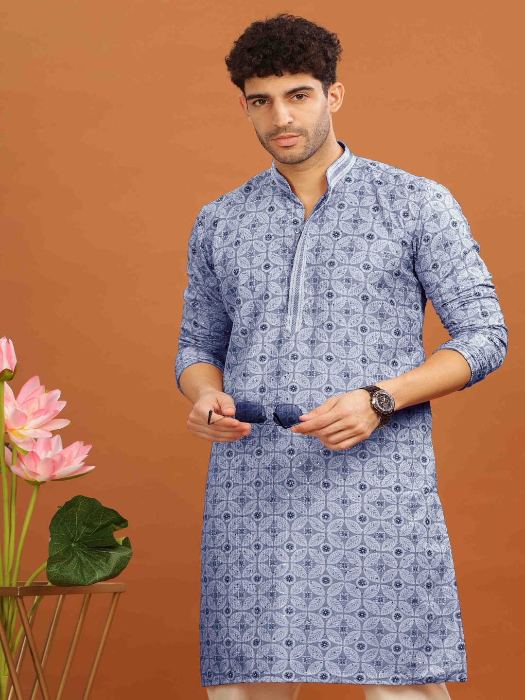 

Anouk Blue Geometric Printed Sequinned Mandarin Collar Cotton Straight Kurta