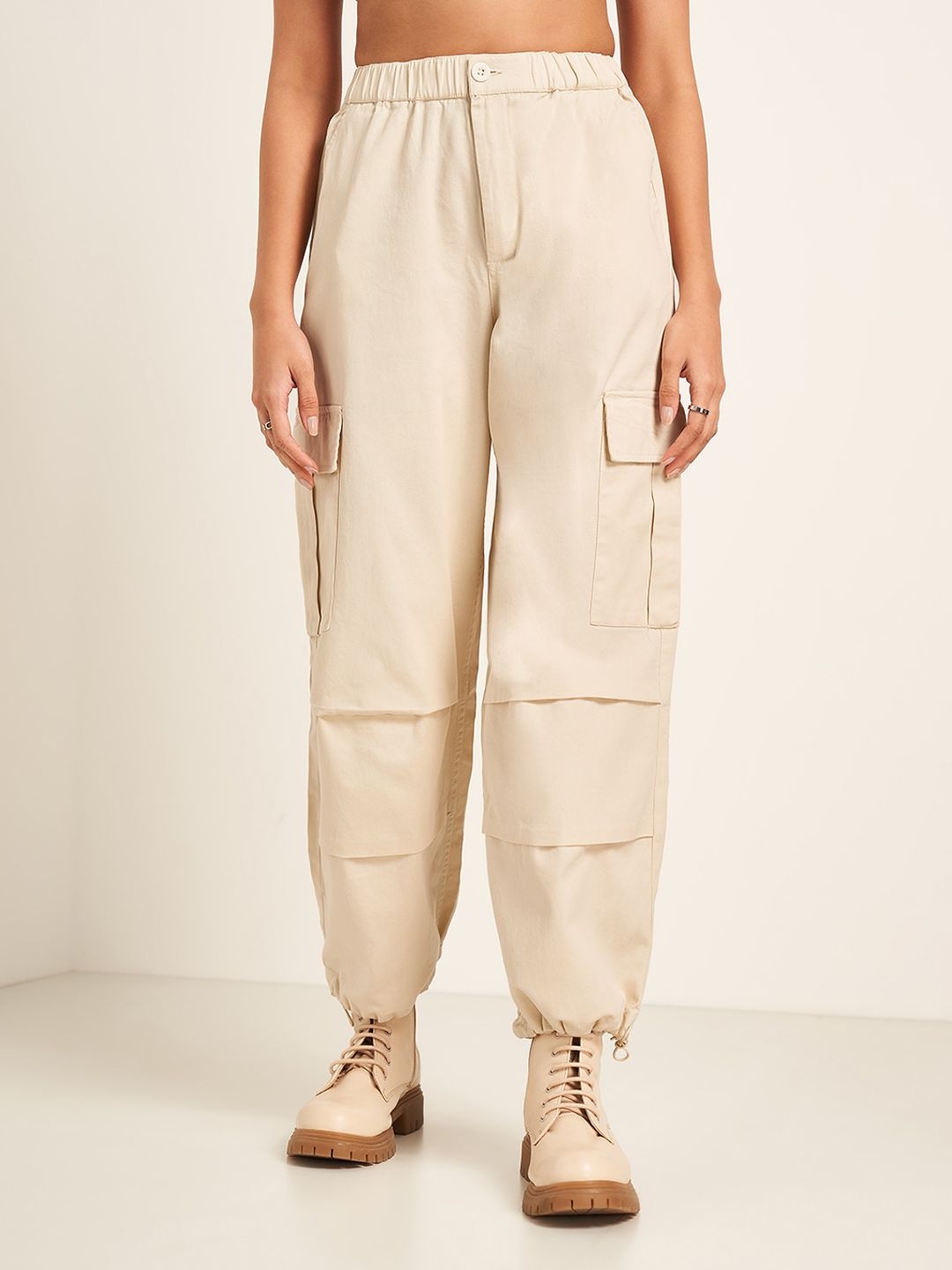 

SF JEANS by Pantaloons Women Pure Cotton Mid Rise Cargo Style Joggers, Beige