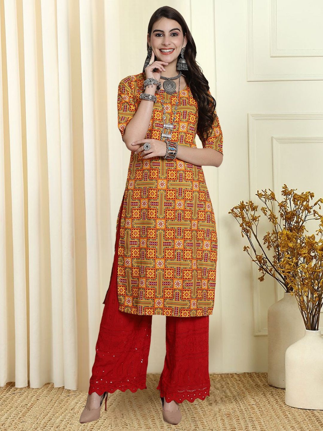 

7Threads Ethnic Motifs Printed Round Neck Straight Shaped Kurta, Mustard