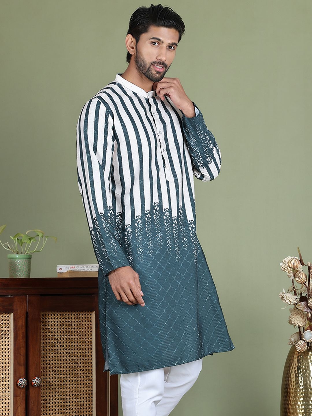 

Jompers Striped Printed Band Collar Sequenned Straight Kurta, Green