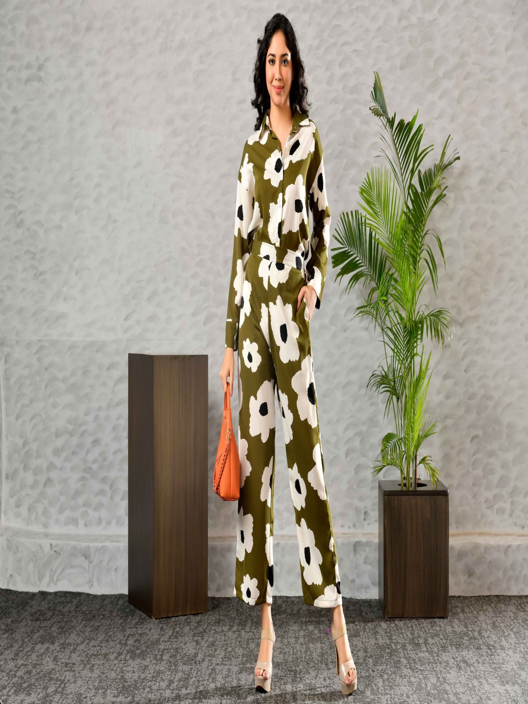 

Unityshop Printed Shirt Collar Long Sleeves Shirt With Trouser, Olive