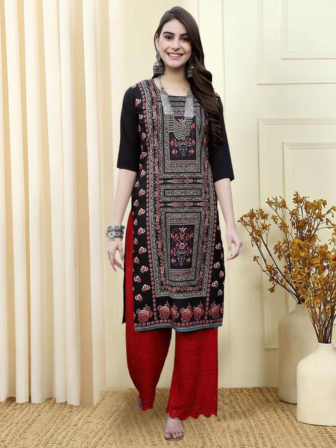 

7Threads Ethnic Motifs Printed Round Neck Straight Kurta, Black