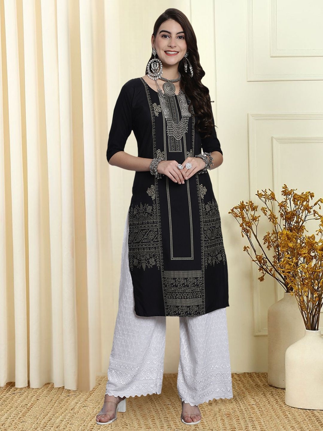 

7Threads Ethnic Motifs Printed Round Neck Straight Shaped Kurta, Black