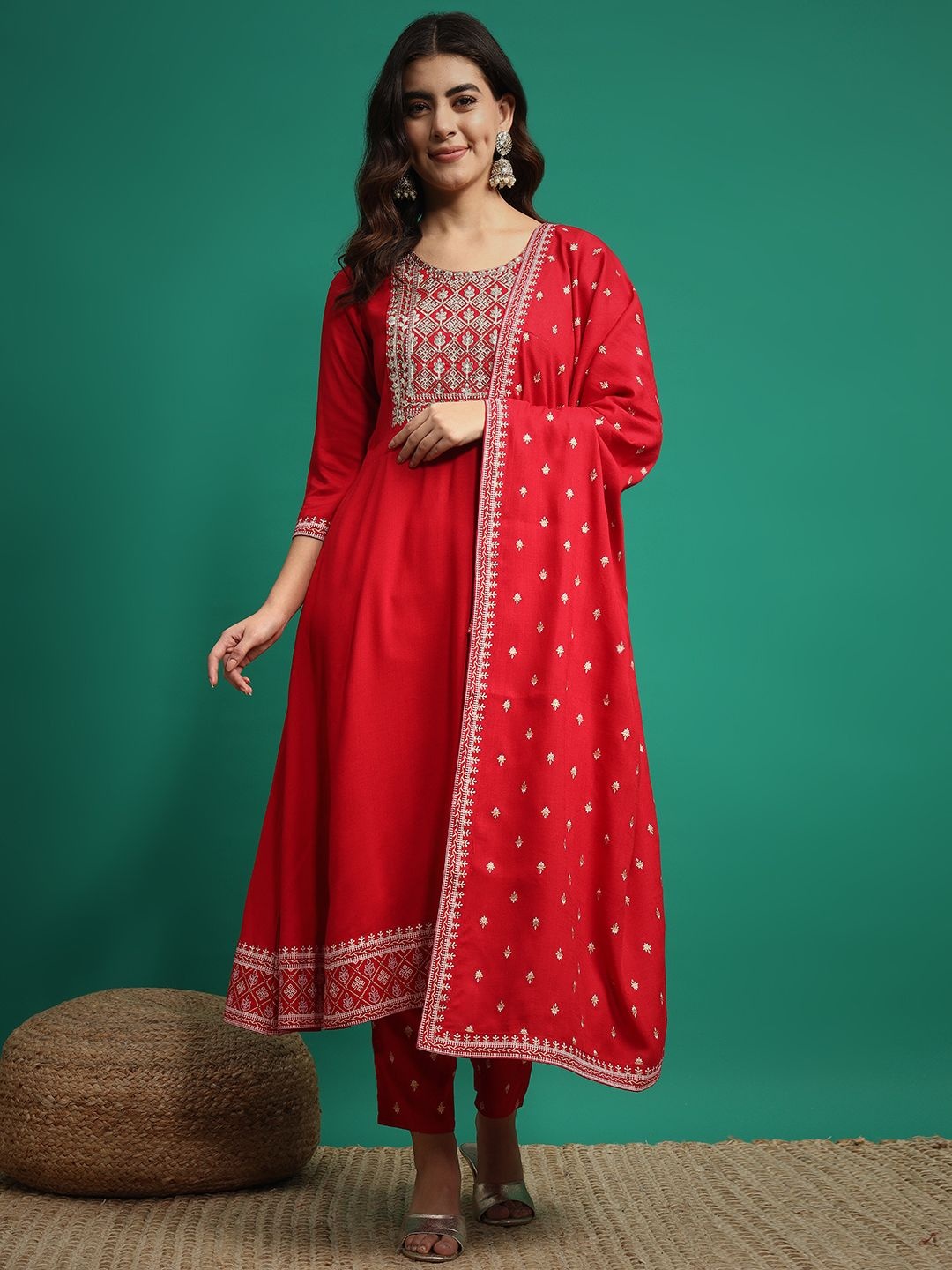 

V.S.Creation Ethnic Motifs Printed Sequinned Work A-line Kurta With Trouser And Dupatta, Orange