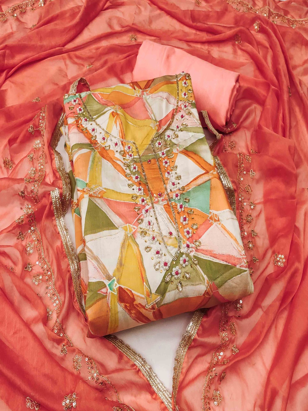 

KALINI Geometric Printed Beads Work Unstitched Dress Material, Orange